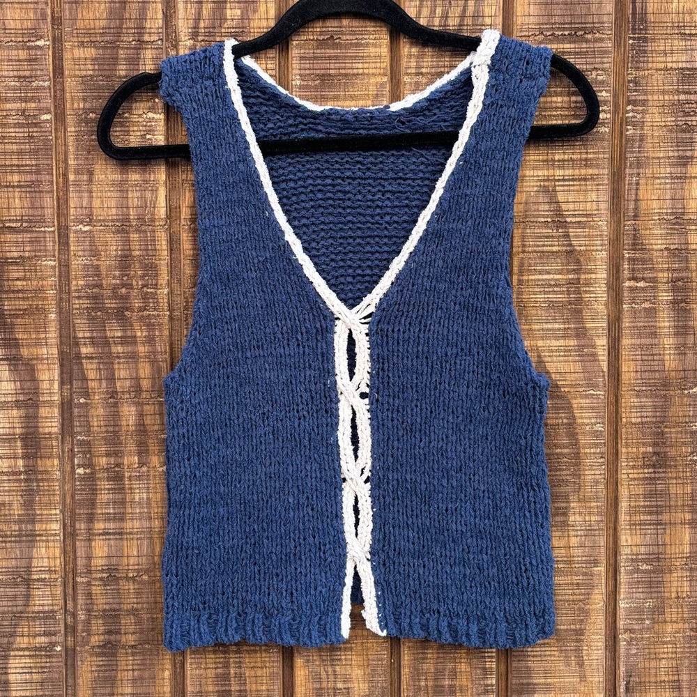 Free People Blue Knit Tank Top with White Trim